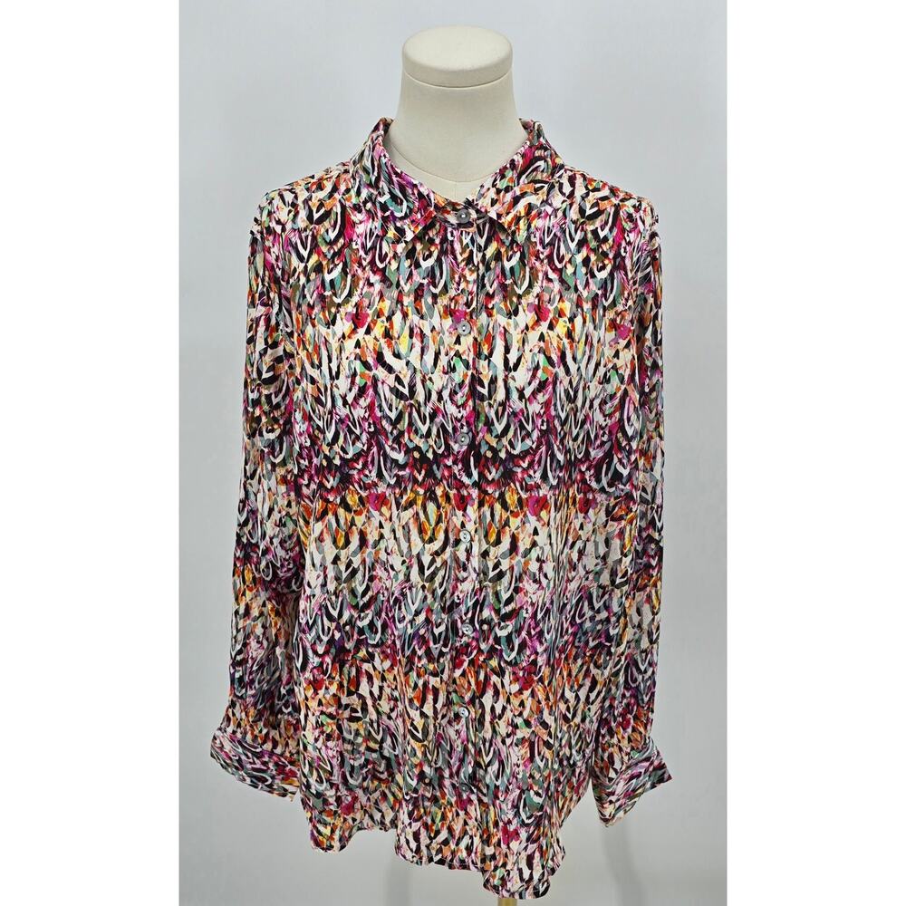 Liverpool Los Angeles Artsy Chic Abstract Feather Print Button-Up Top – XL